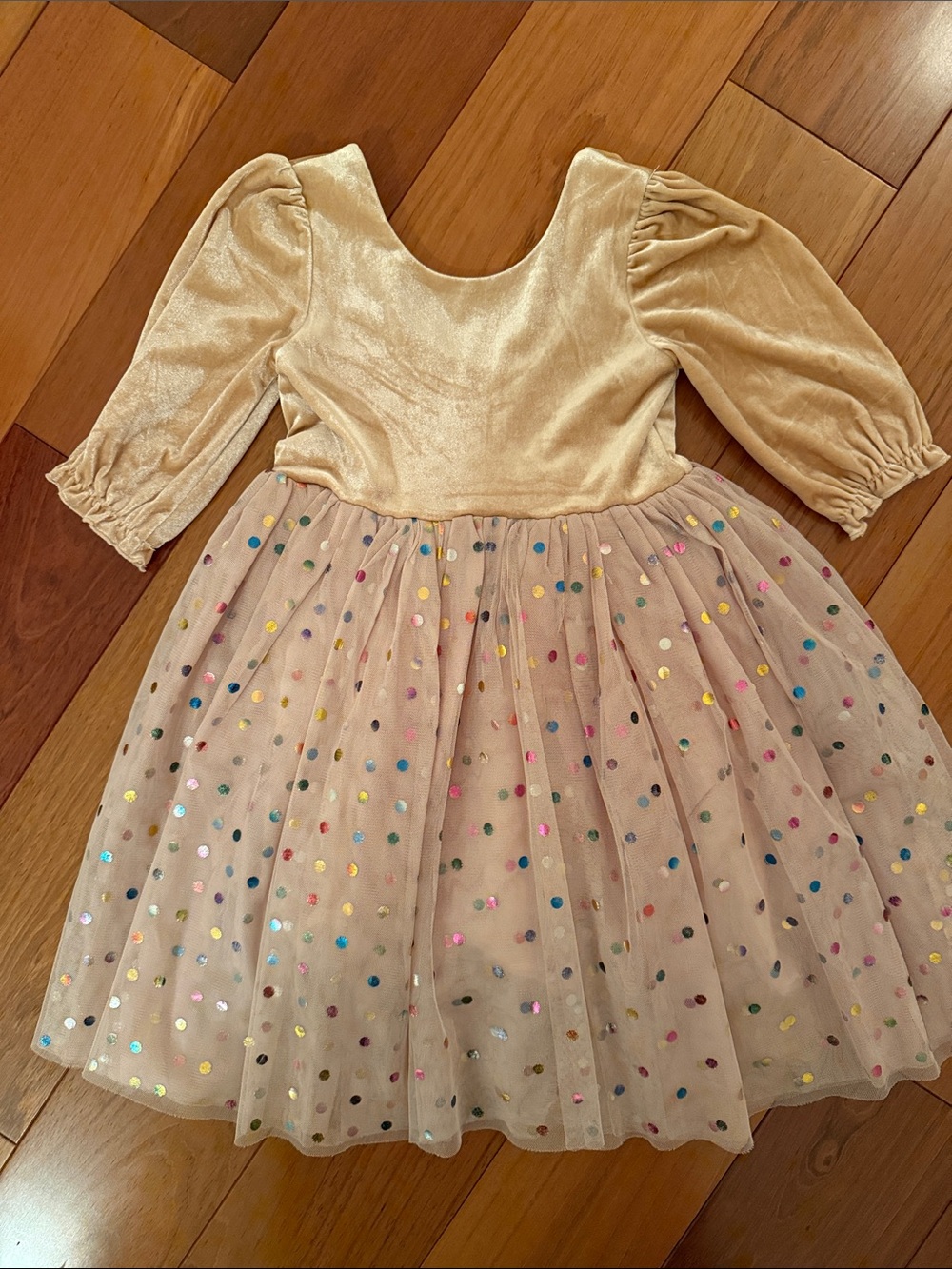 Shimmery Gold Velvet & Pink Polka Dot Tulle Dance Dress for Kids